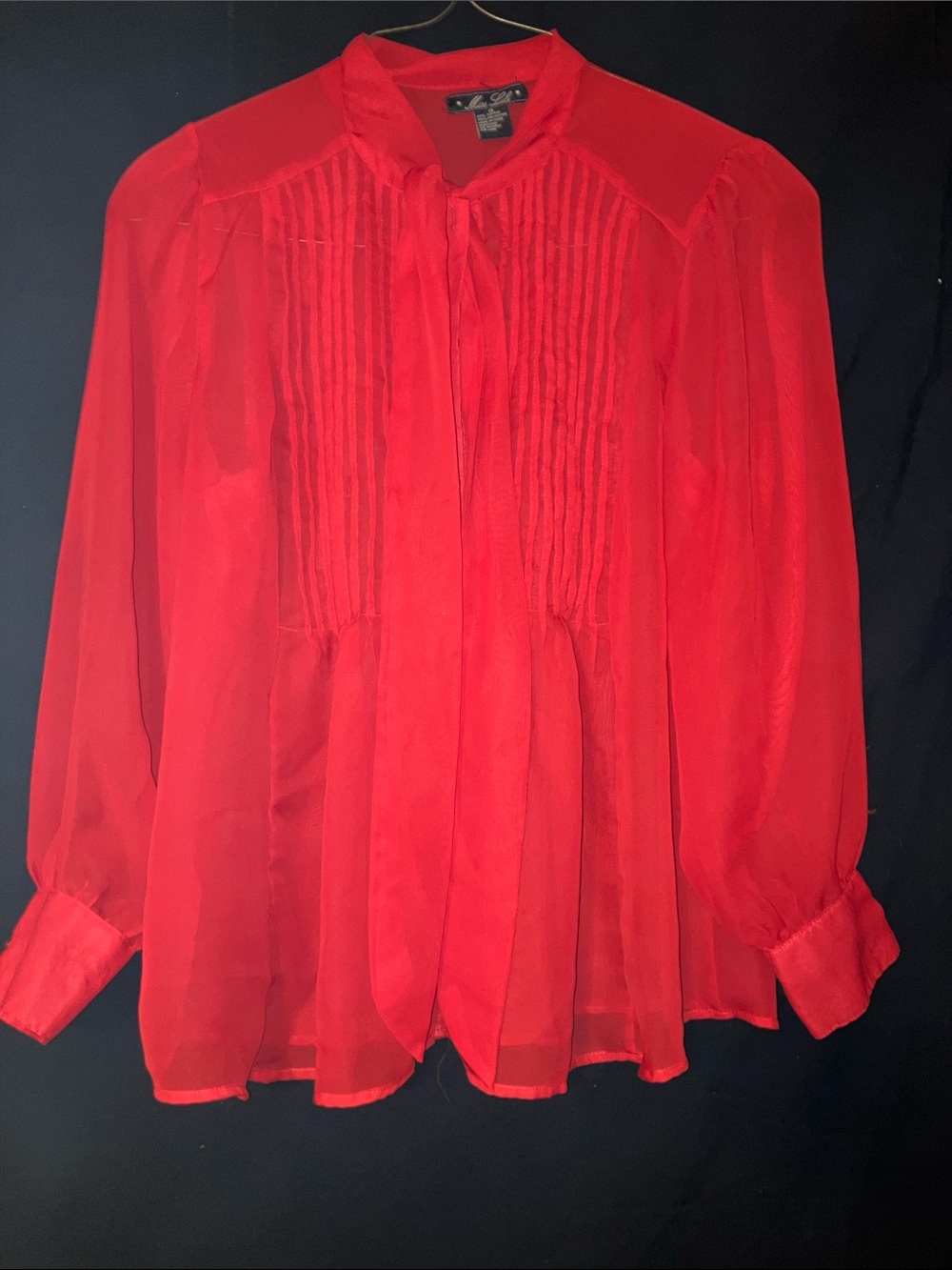 Miss Lili Bright Red Sheer Pintuck Tie-Neck Blouse